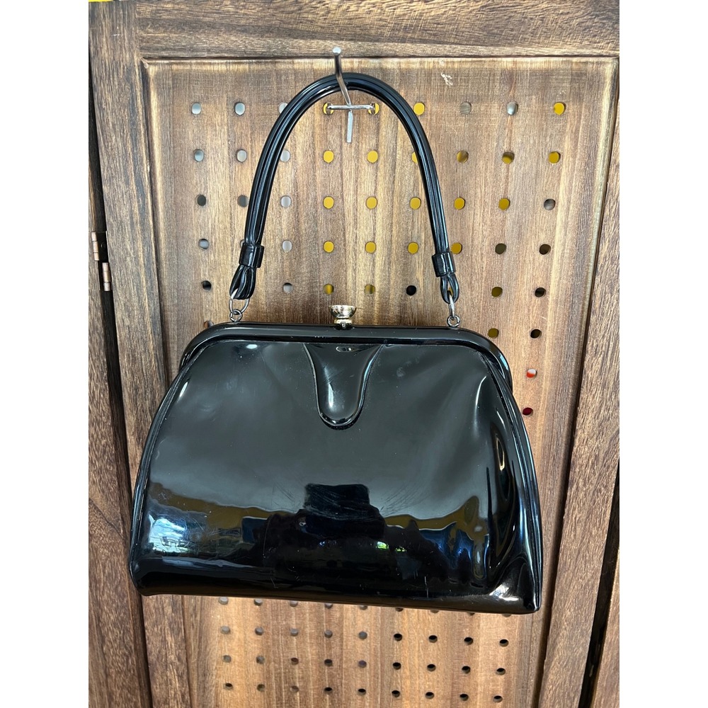 Vintage Black Patent Handbag with Clasp 60s VTG Pin Up Rockabilly Minor Flaws